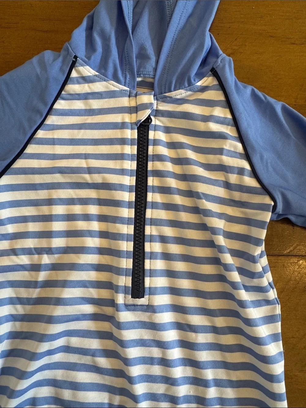 Coolibar Light Blue & White Striped Hooded One-Piece Swim Suit